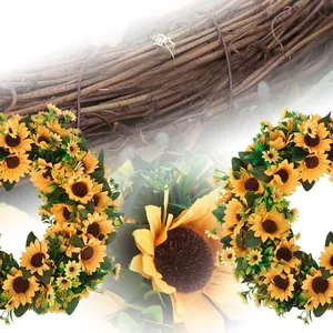 Detailed view of artificial sunflower wreath featuring silk petals and natural rattan vine base