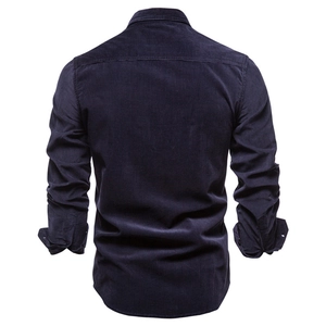 Men's navy blue corduroy long sleeve shirt shown from the back view on white background