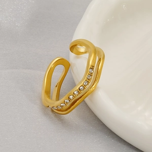 Luxury 18K gold-plated double-layer open ring with micro-pave crystals on white ceramic