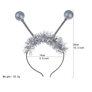 Detail view of silver alien headband showing 26cm height with sparkling spring balls
