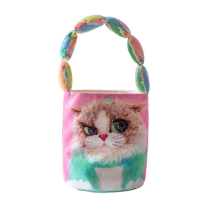 Cute pink cartoon cat bucket bag with artistic print and colorful padded rope handle