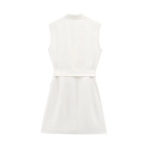 Rear flat lay view of a white sleeveless blazer dress featuring a matching waist belt