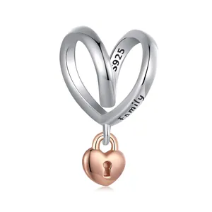 925 silver heart charm with Family engraving and rose gold lock pendant for DIY bracelet