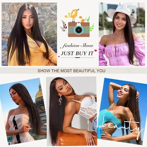 Multiple lifestyle views of long straight black 13x4 lace front synthetic wigs on models