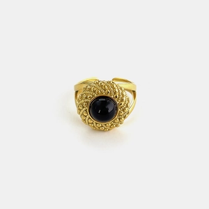 Retro 18K gold plated stainless steel ring with black natural stone and textured bezel
