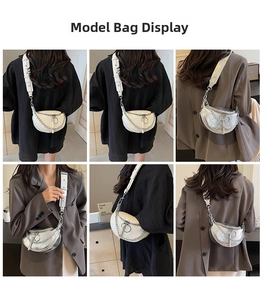 Detailed views showing a silver and beige half-moon saddle bag in multiple carrying styles