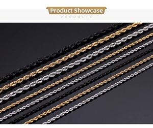 Detailed view of twisted rope chains in gold, silver, and black polished finishes