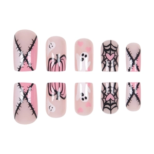 Pink and black Halloween press-on nails with ghost, pumpkin and spider web designs