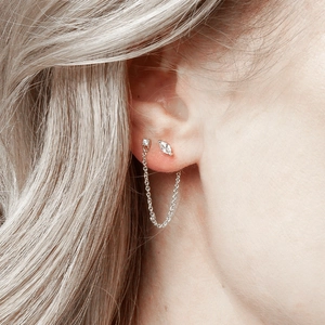 Close-up of s925 silver chain earrings featuring round and marquise-cut rhinestones