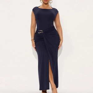 Sleeveless Maxi Dress Ruched Waist With Metal Buckle High Slit Bodycon Solid Color Sexy Party Evening Slim Fit For Women