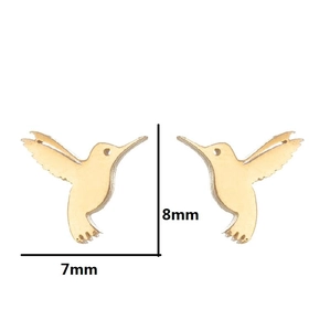 Minimalist gold hummingbird stud earrings with 8mm by 7mm size dimensions shown on white