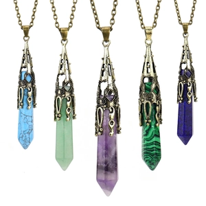 Vintage Natural Stone Hexagonal Pillar Pendant Necklace Antique Bronze Filigree Cap Crystal Quartz Jewelry For Women