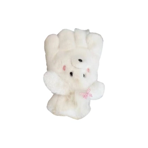 Cute white plush Shih Tzu dog mittens with fleece lining and pink plaid bow for winter