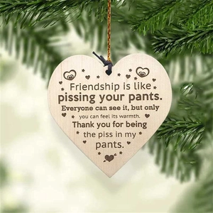 Macro shot of heart-shaped wooden friendship ornament hanging on a festive pine branch