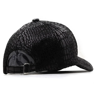 Unisex black checkered baseball cap with faux crocodile skin texture and silver buckle