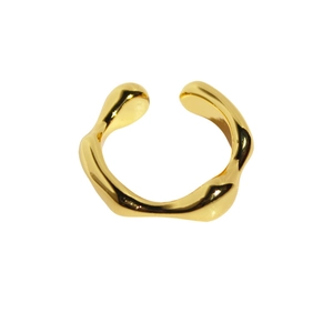Minimalist irregular wave-pattern adjustable gold-plated brass ring with metallic texture