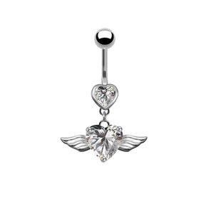 Silver angel wing belly ring with heart-shaped crystal studs on a white background