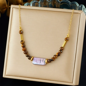 Stainless Steel Necklace With Tiger Eye Beads And Rectangular Artificial Baroque Pearl Pendant Gold Chain Chic Jewelry For Women