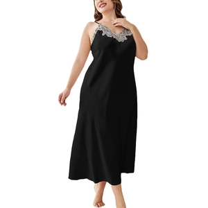 Sexy black silk slip nightgown with grey floral lace V-neck and delicate straps