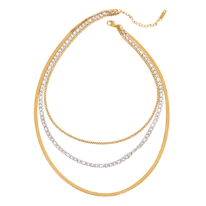 Three-layer 18K gold and silver mixed color snake bone chain necklace on white background