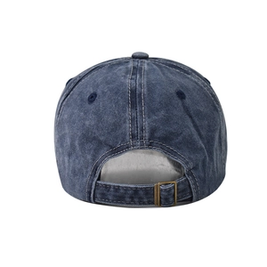 Rear view of washed navy cotton baseball cap with adjustable metal buckle and contrast stitching