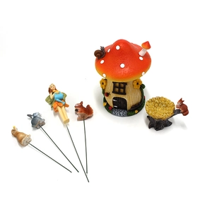 Detailed resin garden miniatures set featuring mushroom house and small forest animals