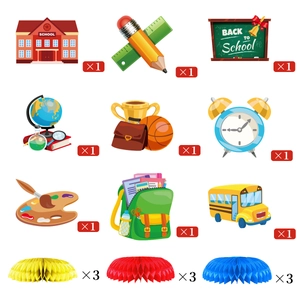 18-piece Back to School party table decorations set with honeycomb balls and school bus motifs
