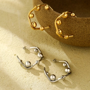 Geometric C-Shape Stainless Steel Hoop Earrings With Ball Accents 18K Gold Silver Plated Simple Jewelry For Women