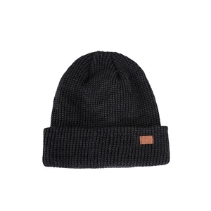 Winter black knit beanie hat with ear protection and a brown leather patch