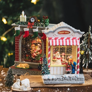 LED lighted Christmas candy shop and fireplace scene music box with swirling glitter