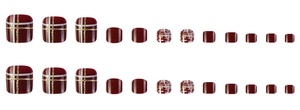 Detail view of 24pcs wine red toe nail tips with gold grid and silver line designs