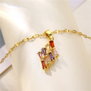 Golden titanium steel necklace featuring a geometric pendant with colorful zircon stones