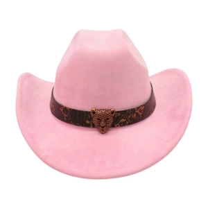 Cappello da cowboy western in finta pelle scamosciata rosa con fibbia a testa di leopardo