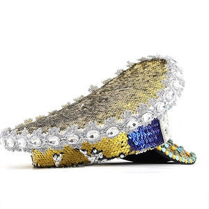 Sequin captain hat with rhinestones for parties and festivals, sparkly military crown cap