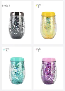 Detail view of four double-walled 10oz glitter egg cups in silver, yellow, green, and pink