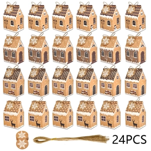 Set of 24 Christmas gingerbread house kraft paper candy boxes with snowflake tags and twine