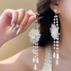 Detail of floral tassel earrings with mesh flowers, pearls and sparkling rhinestones