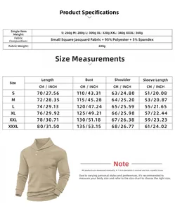 Detailed size chart and fabric specifications for men's jacquard polo sweatshirt