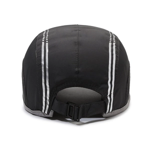 Back view of black quick-drying baseball cap with reflective stripes and buckle