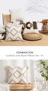 Close-up of bohemian tufted pillow cover with geometric embroidery and tassel details