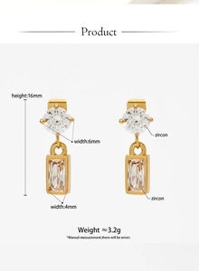 Detailed size specifications for gold zircon drop earrings with 16mm height and 6mm width