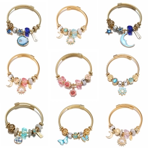 Stainless Steel Open Cuff Bracelet With Alloy Sunflower Moon Star Pendants DIY Beaded Crystal Bangle Fashion Jewelry For Women