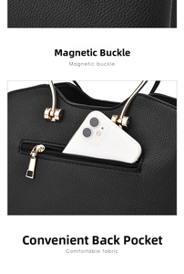 Detail view of the black lychee pattern leather handbag with its back zipper pocket
