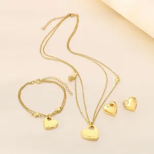 18K Gold Plated Heart Shape Stainless Steel Jewelry Including Double Layer Necklace Bracelet Stud Earrings For Women Fashion