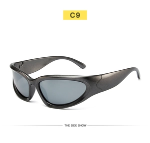 Detail view of streamlined gunmetal cycling sunglasses with metallic finish and wide temples