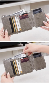 Dettaglio del portafoglio in pelle grigia con scomparti carte e struttura RFID