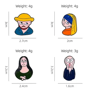 Cartoon enamel pin set featuring funny Mona Lisa and Van Gogh art world famous paintings