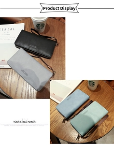 Detail showing high-quality PU leather long wallets in black, gray, blue and mint green