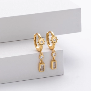 S925 silver gold hoop earrings with star charms and square cubic zirconia drops