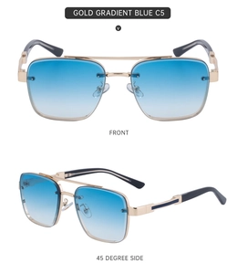 Detail view of gold metal square frame sunglasses with gradient blue lenses and sleek temples